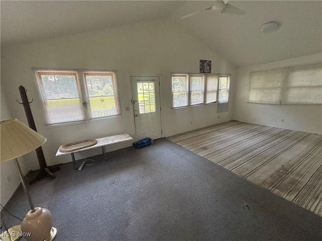 10247 Smugglers Cv, Reminderville, OH 44202 - unfurnished living room with carpet, vaulted ceiling, plenty of natural light, and a ceiling fan