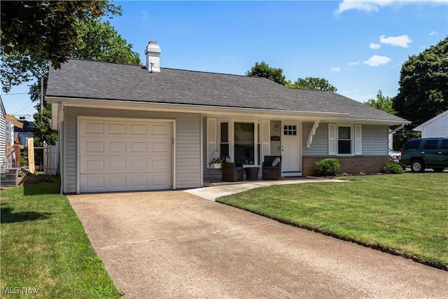 1921 Adrian Cir, Sandusky, OH 44870 - ranch-style house with a porch, a front lawn, concrete driveway, a garage, and roof with shingles