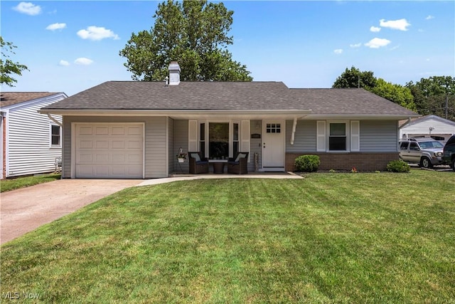 1921 Adrian Cir, Sandusky, OH 44870 - ranch-style home with a garage, a front yard, covered porch, concrete driveway, and a chimney