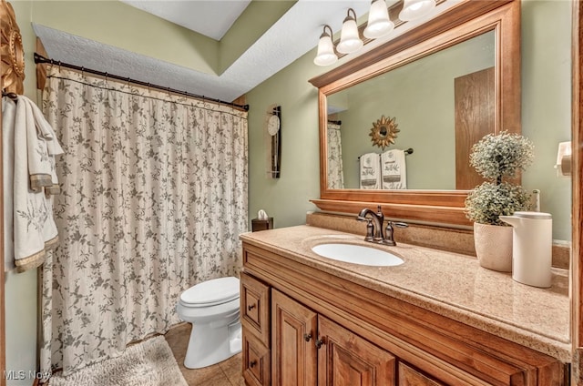 949 S Medina Line Rd, Wadsworth, OH 44281 - bathroom with vanity, tile patterned floors, a shower with shower curtain, and a textured ceiling