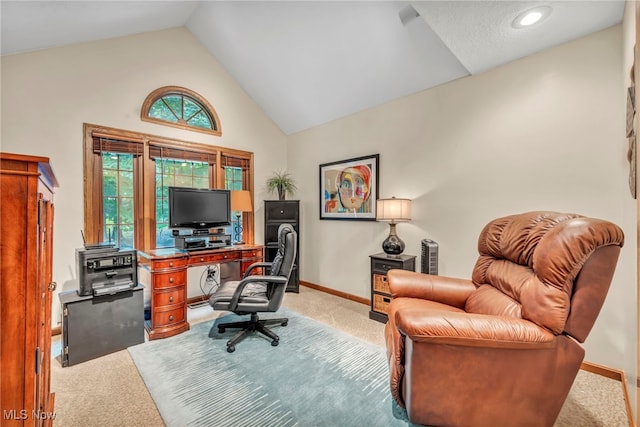 949 S Medina Line Rd, Wadsworth, OH 44281 - carpeted home office featuring vaulted ceiling and baseboards