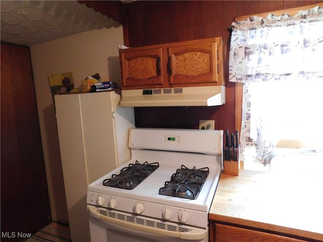 30051 Regent Rd, Wickliffe, OH 44092 - kitchen featuring white gas range oven, under cabinet range hood, light countertops, and brown cabinetry