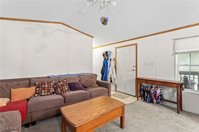 11 Brookins Dr, Olmsted Twp, OH 44138 - carpeted living area featuring a ceiling fan, lofted ceiling, and crown molding