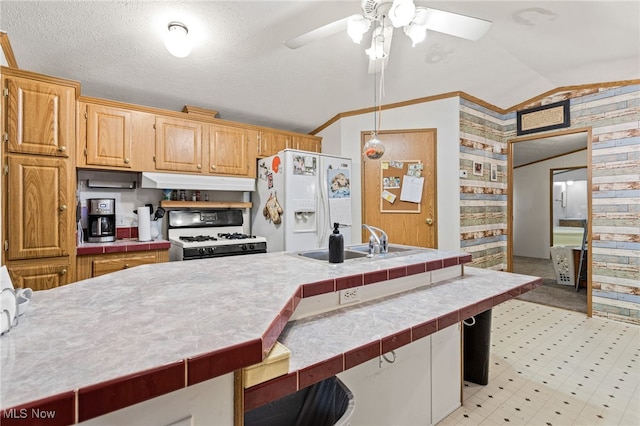 11 Brookins Dr, Olmsted Twp, OH 44138 - kitchen featuring white appliances, under cabinet range hood, lofted ceiling, ceiling fan, and tile counters