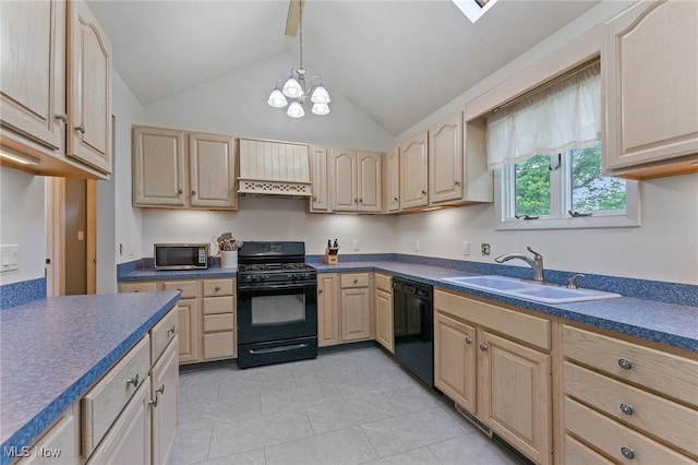 1500 Furnace St, Mineral Ridge, OH 44440 - kitchen featuring black appliances, light brown cabinets, dark countertops, light tile patterned flooring, and lofted ceiling