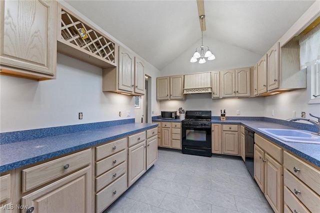 1500 Furnace St, Mineral Ridge, OH 44440 - kitchen with black appliances, dark countertops, lofted ceiling, light brown cabinetry, and a chandelier