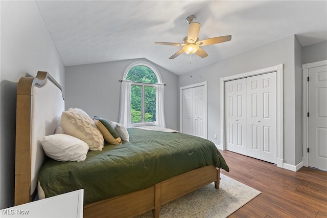 1500 Furnace St, Mineral Ridge, OH 44440 - bedroom featuring vaulted ceiling, multiple closets, wood finished floors, and a ceiling fan