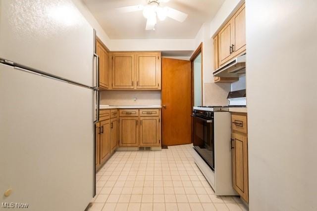 427 E 275th St, Euclid, OH 44132 - kitchen featuring freestanding refrigerator, range with gas stovetop, under cabinet range hood, ceiling fan, and light countertops