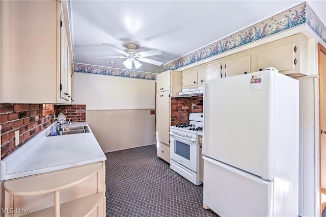 1808 Depot Rd, Salem, OH 44460 - kitchen featuring white appliances, cream cabinets, under cabinet range hood, light countertops, and ceiling fan