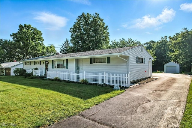 1808 Depot Rd, Salem, OH 44460 - ranch-style home with a garage, an outdoor structure, a chimney, and concrete driveway
