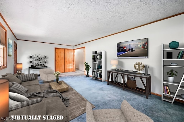 1808 Depot Rd, Salem, OH 44460 - carpeted living room with ornamental molding and a textured ceiling