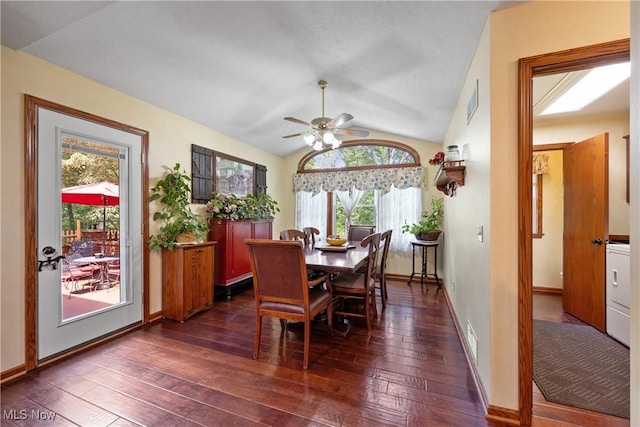 10400 Stoneacre St NW, Canal Fulton, OH 44614 - dining area with dark wood finished floors, ceiling fan, and vaulted ceiling