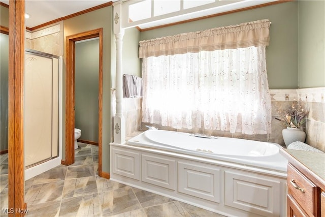 10400 Stoneacre St NW, Canal Fulton, OH 44614 - bathroom featuring ornamental molding, a shower stall, and a bath