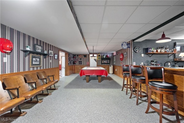 10400 Stoneacre St NW, Canal Fulton, OH 44614 - game room featuring bar with sink, billiards table, carpet, a paneled ceiling, and wallpapered walls
