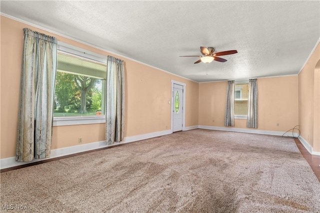 813 3rd St, Marietta, OH 45750 - spare room featuring ceiling fan, ornamental molding, a textured ceiling, and carpet