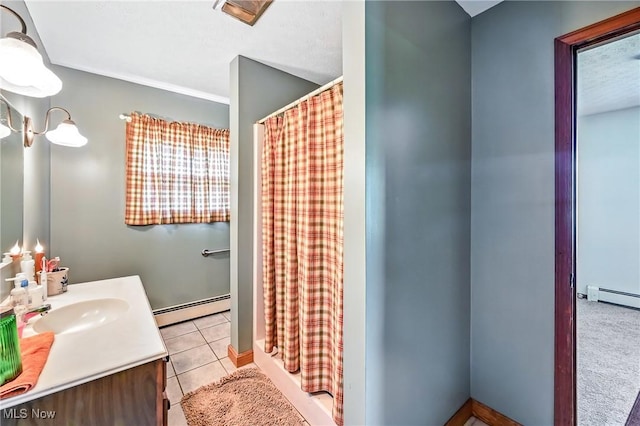 1683 Ridgewood Dr, Salem, OH 44460 - bathroom with a baseboard radiator, vanity, a shower with curtain, and tile patterned flooring