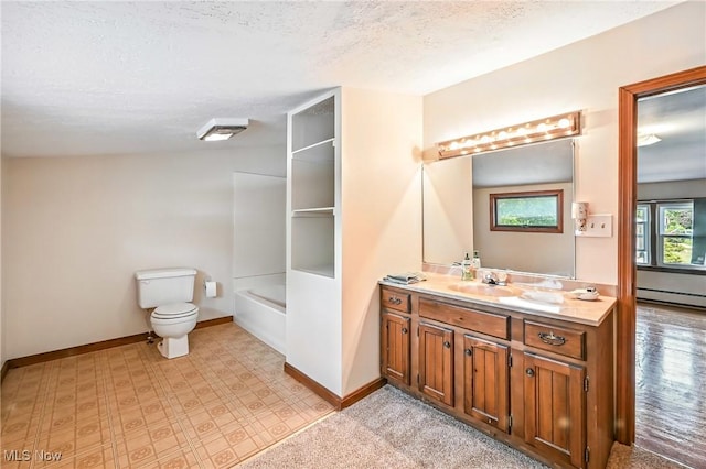 1683 Ridgewood Dr, Salem, OH 44460 - full bathroom with vanity, a textured ceiling, baseboard heating, tile patterned floors, and shower / bathtub combination