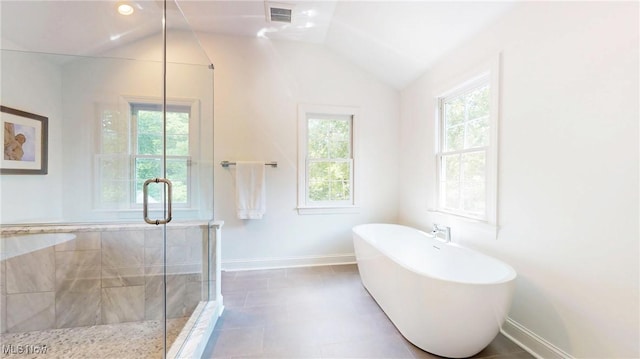 43 S St, Chagrin Falls, OH 44022 - bathroom featuring a freestanding bath, a shower stall, and lofted ceiling