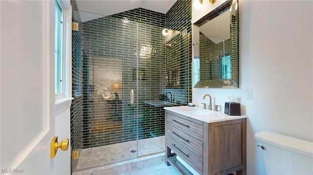 43 S St, Chagrin Falls, OH 44022 - full bathroom with vanity, a stall shower, and vaulted ceiling