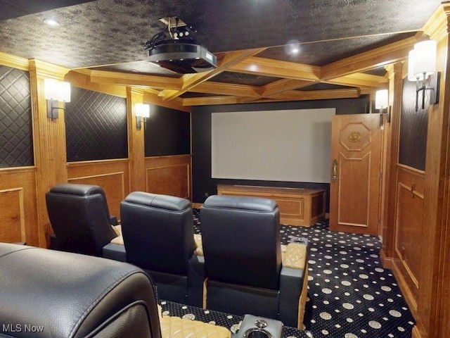 2474 Ginger Wren Rd, Pepper Pike, OH 44124 - carpeted cinema room with ornamental molding, beam ceiling, coffered ceiling, and a decorative wall