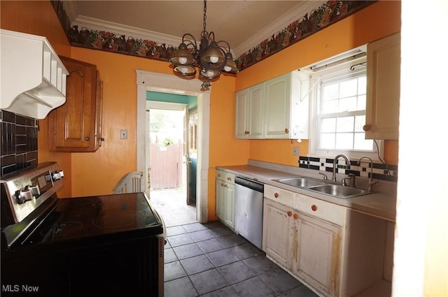 664 N Ellsworth Ave, Salem, OH 44460 - kitchen featuring appliances with stainless steel finishes, ornamental molding, a chandelier, backsplash, and dark tile patterned flooring