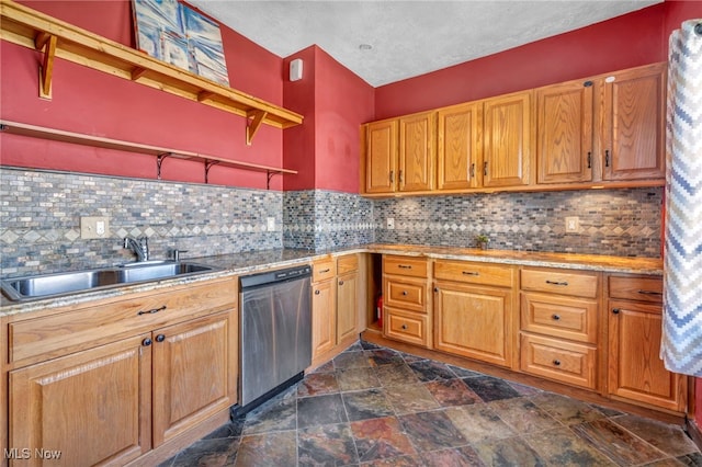 3303 Tuxedo Ave, Parma, OH 44134 - kitchen featuring dishwasher, open shelves, decorative backsplash, and dark stone finish flooring