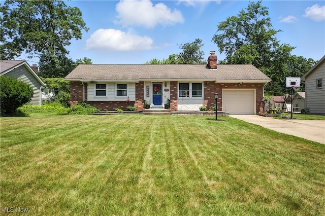 1860 Lancaster Dr, Youngstown, OH 44511 - ranch-style home with brick siding, a garage, a chimney, and a front lawn