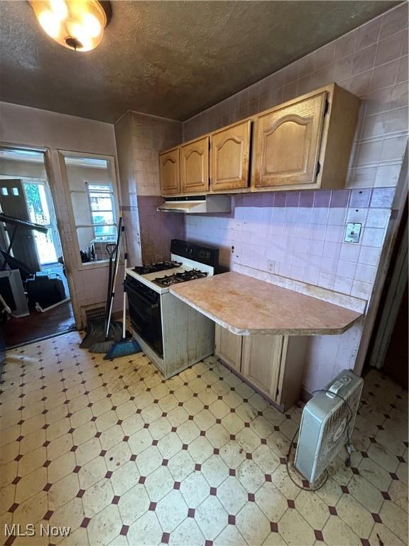 9822 Way Ave, Cleveland, OH 44105 - kitchen featuring white gas range oven, light floors, light countertops, under cabinet range hood, and a textured ceiling