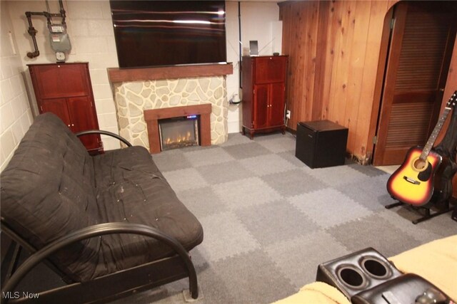72 S Hartford Ave, Youngstown, OH 44509 - living area with carpet floors, a fireplace, and wooden walls
