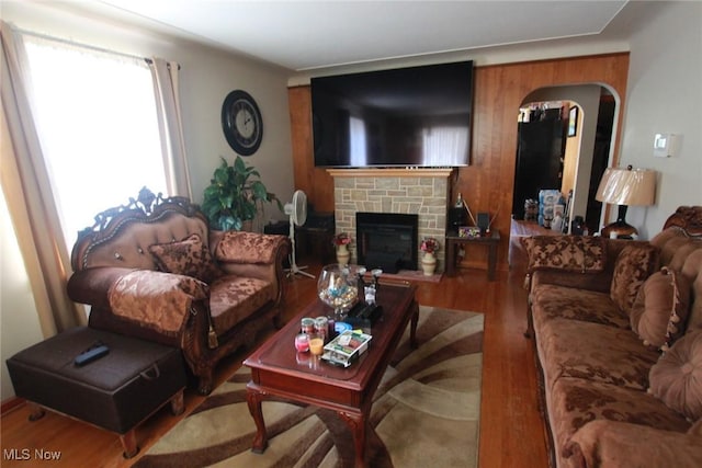72 S Hartford Ave, Youngstown, OH 44509 - living room with wood finished floors and a stone fireplace