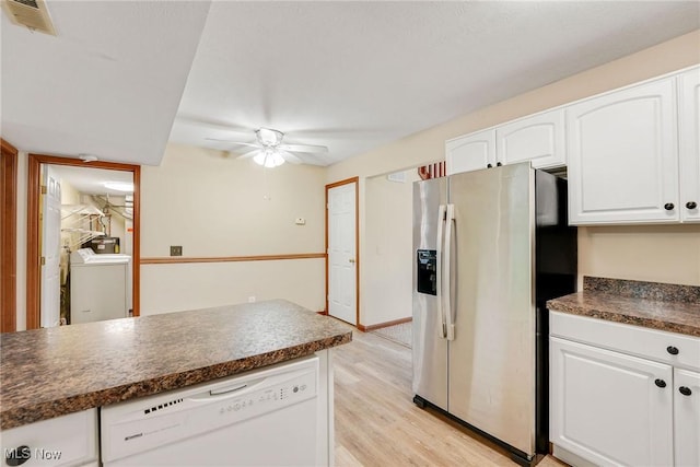 11253 Hampton Bay Ln, Concord, OH 44077 - kitchen featuring stainless steel fridge with ice dispenser, white dishwasher, dark countertops, a ceiling fan, and white cabinetry