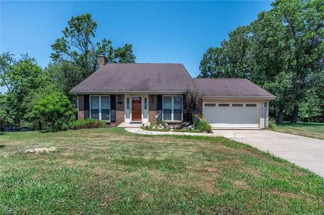 24 Heather Cir, Washington, WV 26181 - view of front of house with a garage, a chimney, driveway, and a front yard