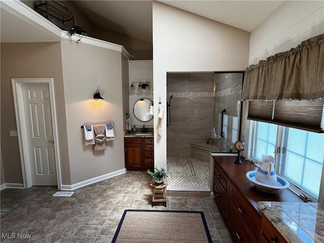 660 Rustic Knoll Dr, Kent, OH 44240 - full bath featuring two vanities, walk in shower, and a ceiling fan