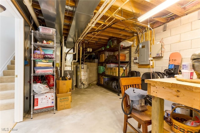 1648 E Turkey Run Dr, Newark, OH 43055 - unfinished below grade area featuring water heater, electric panel, stairway, and concrete block wall