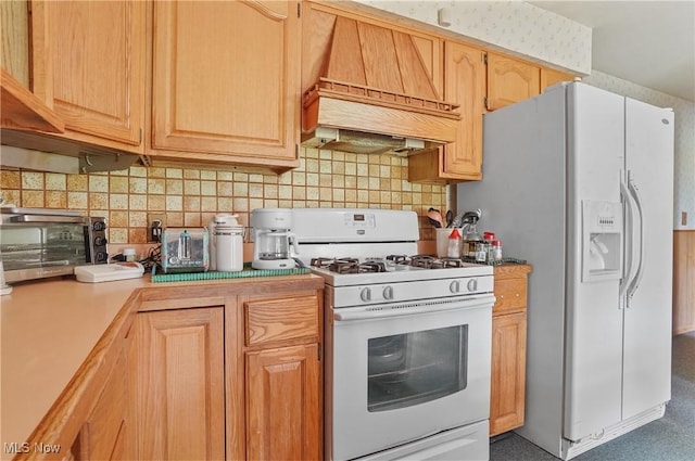 136 N Chillicothe Rd, Aurora, OH 44202 - kitchen with white appliances, custom range hood, decorative backsplash, and light brown cabinetry
