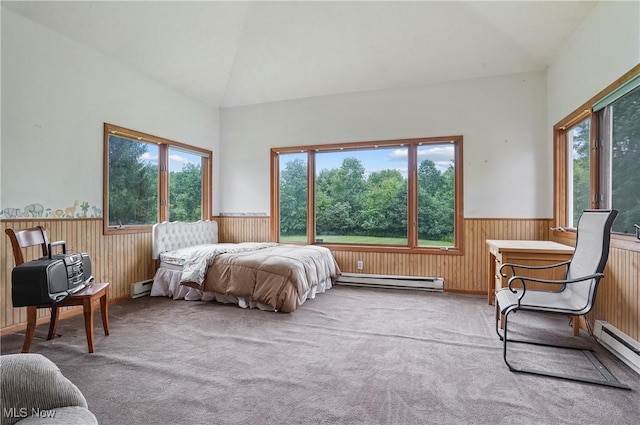 136 N Chillicothe Rd, Aurora, OH 44202 - bedroom with wainscoting, a baseboard heating unit, carpet, wood walls, and a baseboard radiator