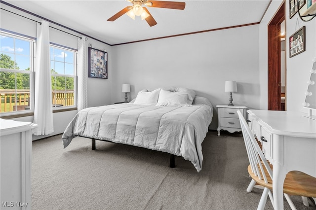 1467 Notman Rd, Deerfield, OH 44411 - bedroom featuring dark carpet, ornamental molding, and a ceiling fan