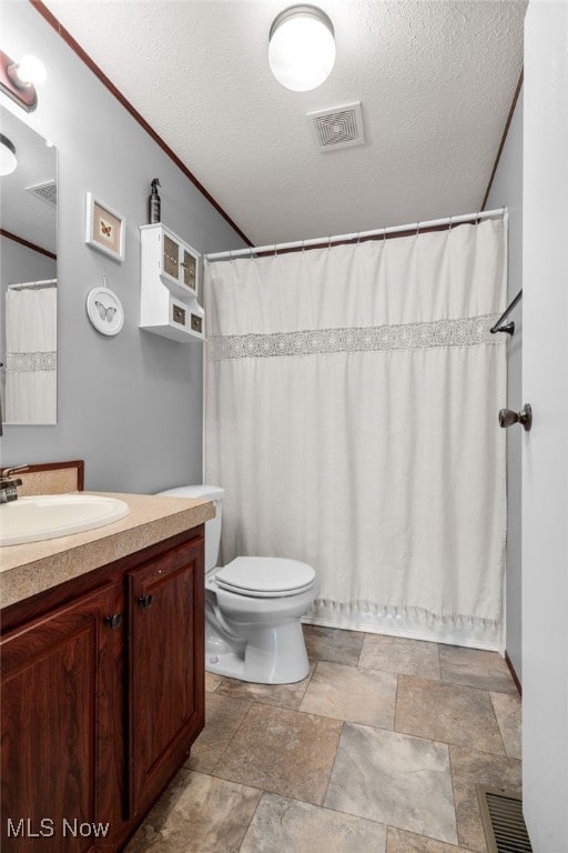 1467 Notman Rd, Deerfield, OH 44411 - bathroom with stone finish floors, vanity, a textured ceiling, and a shower with curtain