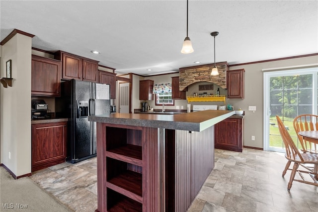 1467 Notman Rd, Deerfield, OH 44411 - kitchen with black fridge with ice dispenser, open shelves, dark countertops, decorative light fixtures, and a center island