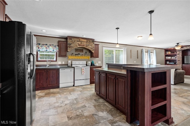 1467 Notman Rd, Deerfield, OH 44411 - kitchen with white appliances, dark countertops, open shelves, wall chimney exhaust hood, and open floor plan