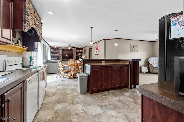 1467 Notman Rd, Deerfield, OH 44411 - kitchen featuring open floor plan, dark countertops, white appliances, a ceiling fan, and a textured ceiling