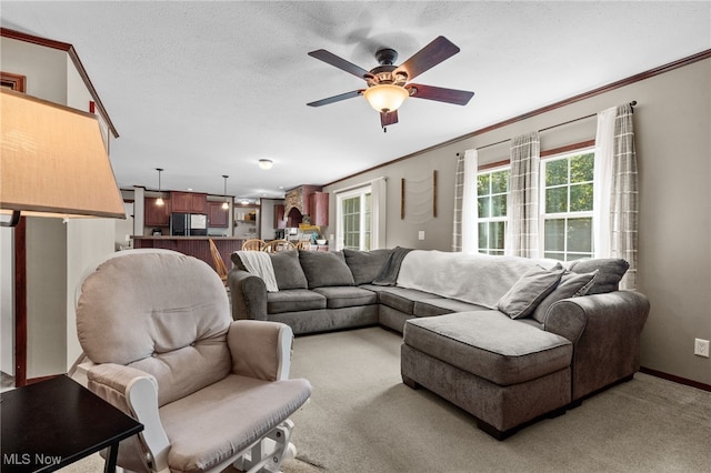 1467 Notman Rd, Deerfield, OH 44411 - living area featuring crown molding, ceiling fan, and light colored carpet