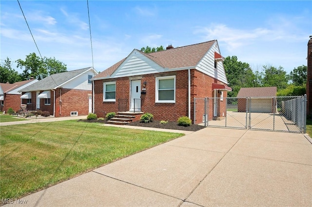 1835 Rockefeller Rd, Wickliffe, OH 44092 - bungalow-style house with a gate, brick siding, concrete driveway, a shingled roof, and a chimney