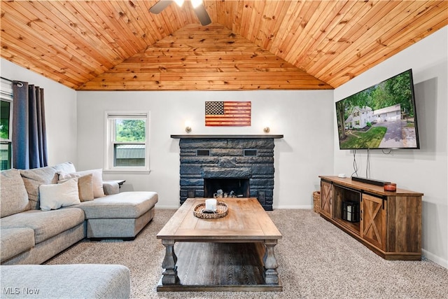6170 Oberlin Rd, Amherst, OH 44001 - living area with lofted ceiling, wood ceiling, a ceiling fan, carpet floors, and a fireplace