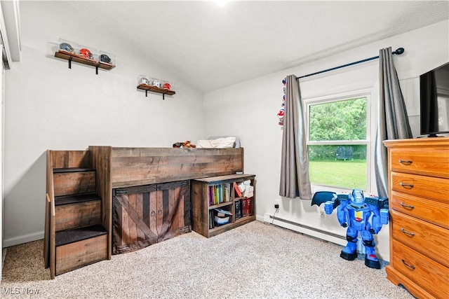 6170 Oberlin Rd, Amherst, OH 44001 - carpeted bedroom featuring vaulted ceiling and a baseboard heating unit