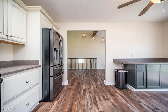 2835 Hallock Young Rd SW, Warren, OH 44481 - kitchen featuring stainless steel fridge with ice dispenser, a ceiling fan, dark wood-style floors, white cabinetry, and dark countertops