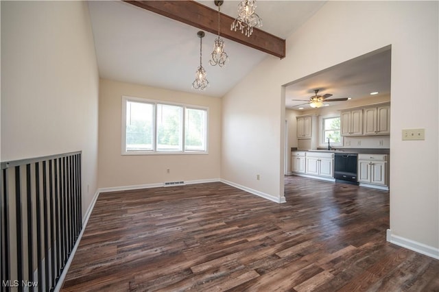 2835 Hallock Young Rd SW, Warren, OH 44481 - unfurnished living room featuring dark wood-style flooring, a chandelier, and ceiling fan
