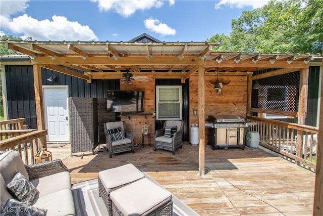 10770 W W Salem Rd, West Salem, OH 44287 - wooden deck with area for grilling, ceiling fan, and an outdoor living space