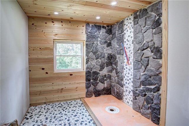 10770 W W Salem Rd, West Salem, OH 44287 - full bath with wooden ceiling, recessed lighting, tiled shower, and wooden walls