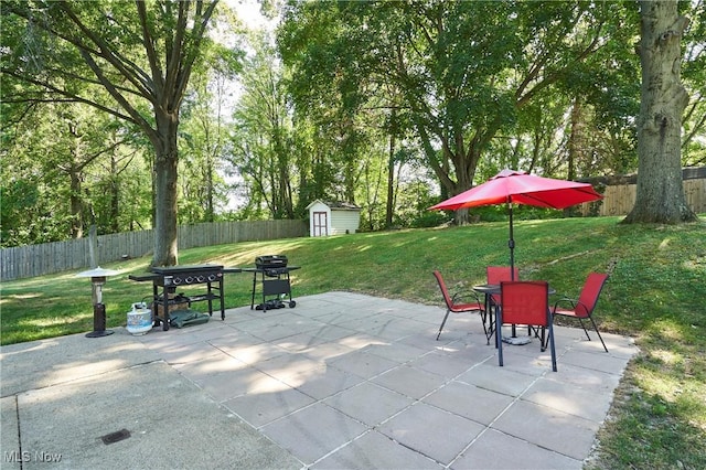 2948 Robin Hill Ln, Mogadore, OH 44260 - fenced backyard featuring a storage unit, a patio, outdoor dining space, and a grill